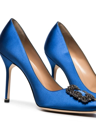 Manolo Blahnik Satin Hangisi 105 Pumps With Jewel Embellishment In Blue
