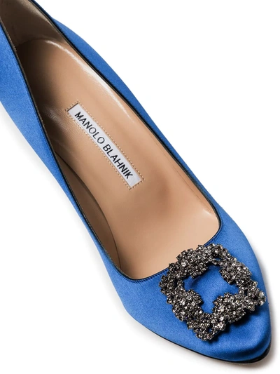 Manolo Blahnik Satin Hangisi 105 Pumps With Jewel Embellishment In Blue