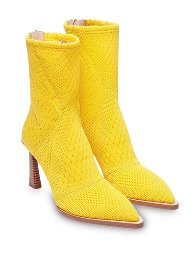 Shop Fendi Fframe Jacquard Pointed-toe Ankle Boots In Yellow