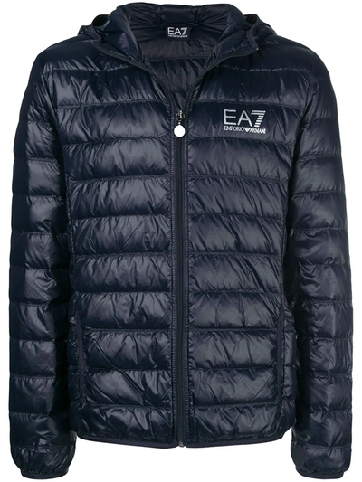 Ea7 Quilted Black Jacket With Down Insulation In Blue