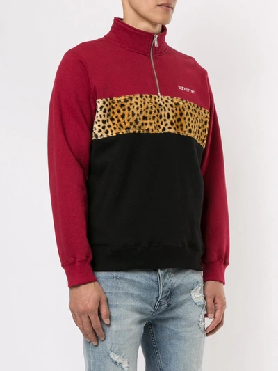 Shop Supreme Leopard-print Panel Half-zip Sweatshirt In Red