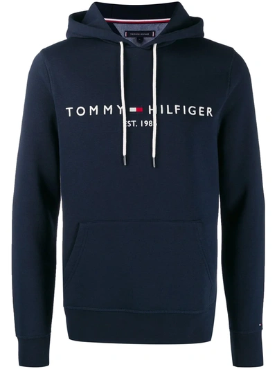 Shop Tommy Hilfiger Embroidered Logo Hoodie In Blue