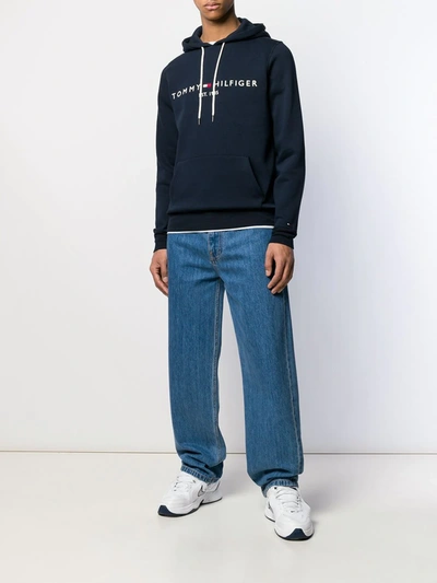 Tommy Hilfiger Embroidered Flag Logo Hoodie In Black In Blue