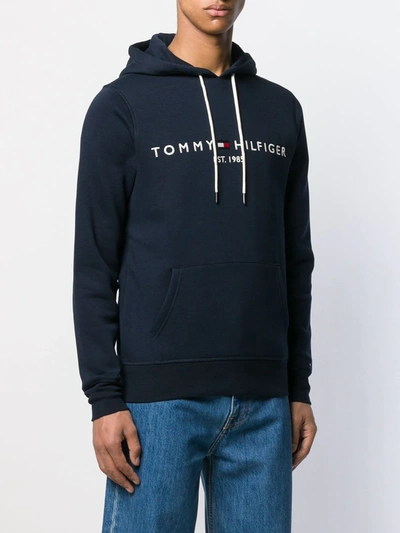 Tommy Hilfiger Embroidered Flag Logo Hoodie In Black In Blue