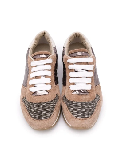 Brunello Cucinelli Embellished Suede-trimmed Sneakers In Brown