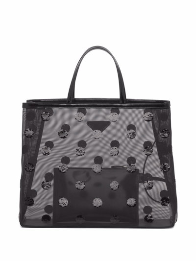Shop Prada Sequin-embellished Polka-dot Mesh Shopper Bag In Schwarz