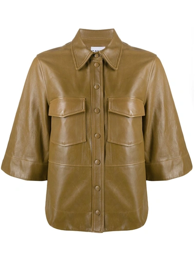 Shop Ganni Faux-leather Button-up Shirt In Brown
