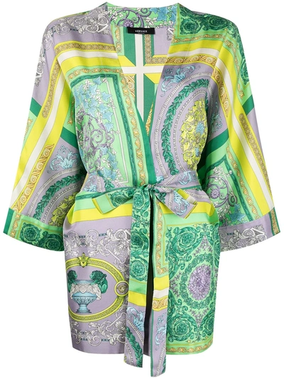 Shop Versace Baroque-print Silk Robe In Green
