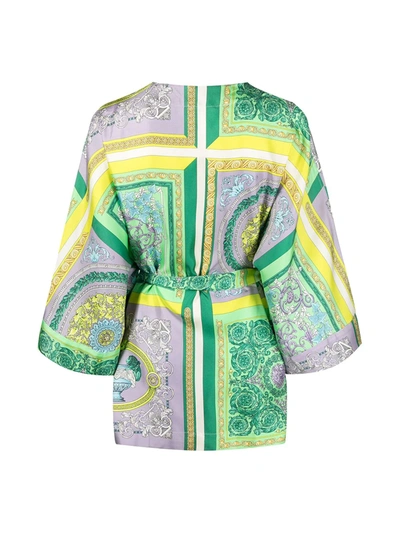 Shop Versace Baroque-print Silk Robe In Green