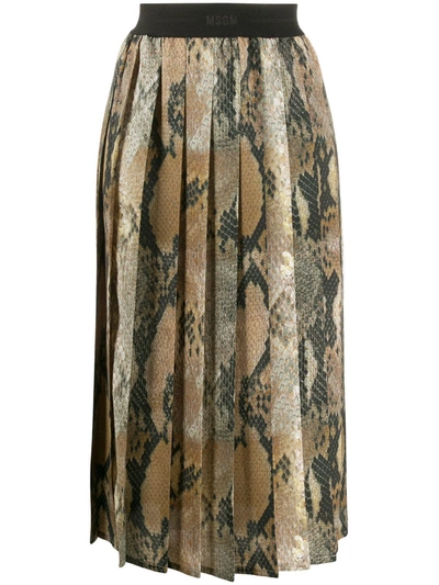 Shop Msgm Snakeskin Effect Pleated Skirt In Neutrals