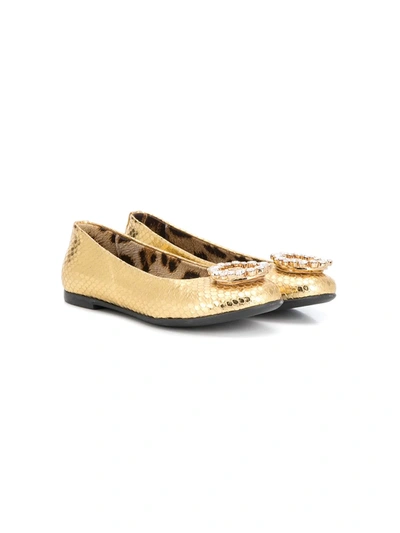 Roberto Cavalli Teen Crystal-embellished Logo Ballerina Shoes In Gold