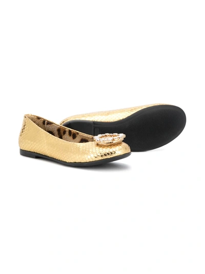 Roberto Cavalli Teen Crystal-embellished Logo Ballerina Shoes In Gold