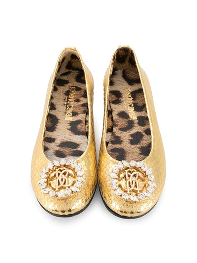 Roberto Cavalli Teen Crystal-embellished Logo Ballerina Shoes In Gold