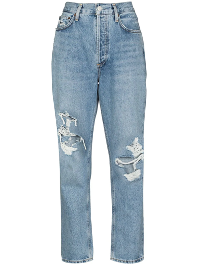 Shop Agolde Fen Ripped-knee Straight-leg Jeans In Blau