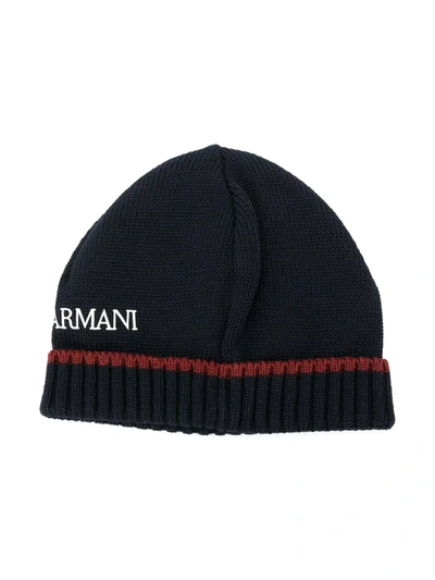 Shop Emporio Armani Logo Print Beanie Hat In Blue