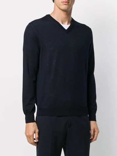 Shop Canali Fine Knit V-neck Sweater In Blue