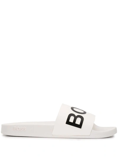 Shop Hugo Boss Italian-made Logo Slides In White