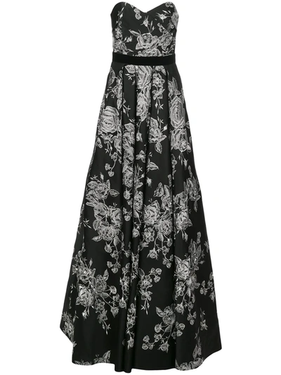 Shop Marchesa Notte Strapless Floral-embroidered Dress In Black
