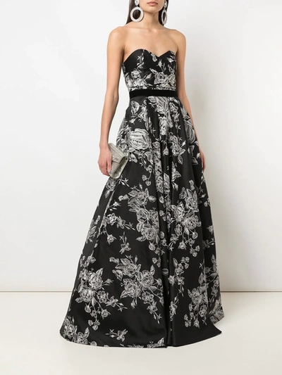 Shop Marchesa Notte Strapless Floral-embroidered Dress In Black