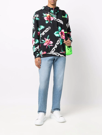 Shop Moschino Floral-and-logo Printed Hoodie In Schwarz