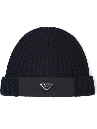 Shop Prada Logo Rib-knit Beanie Hat In Black