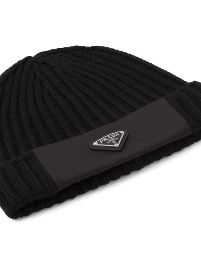 Shop Prada Logo Rib-knit Beanie Hat In Black