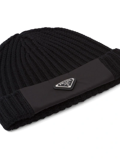 Prada Mens Black Re-nylon Wool And Recycled Polyamide-blend Beanie Hat In Black