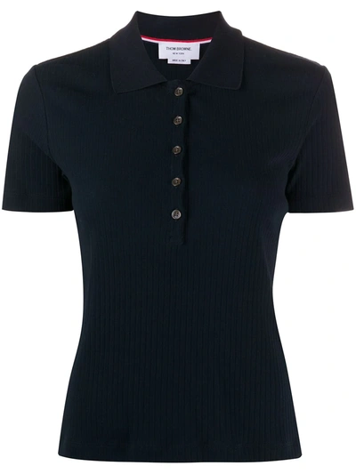 Shop Thom Browne 4-bar Side Insert Ribbed Polo Shirt In Blue