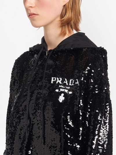 Shop Prada Sequin-embellished Logo Cropped Hoodie In Schwarz