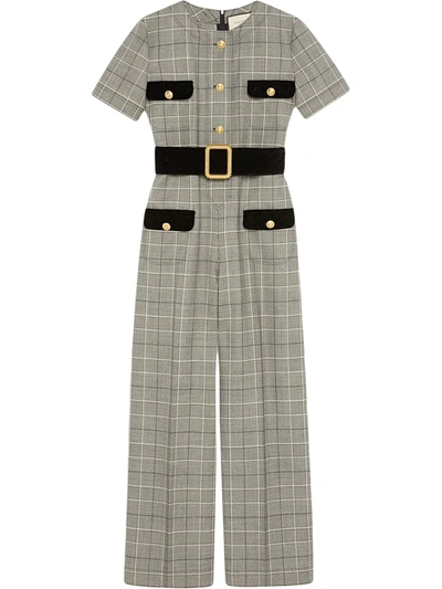 Shop Gucci Prince Of Wales Wool Jumpsuit In Grey