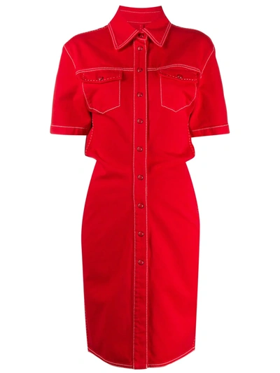 Shop Off-white Denim Shirt Dress In Red