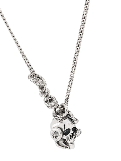 Shop Alexander Mcqueen Skull And Snake Pendant Necklace In Silver