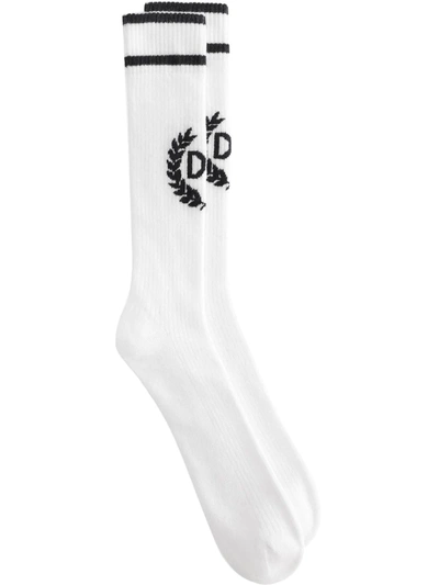 Shop Dolce & Gabbana Jacquard-logo Ribbed-knit Socks In White
