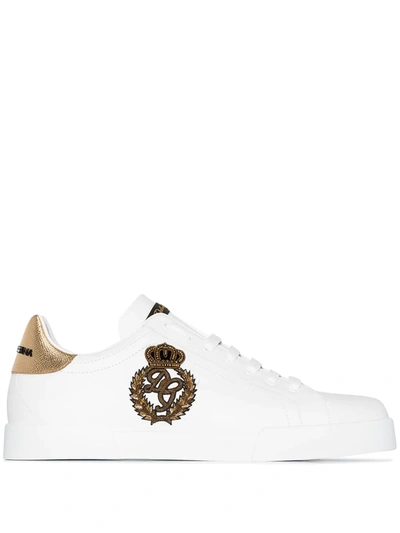 Shop Dolce & Gabbana Portofino Crown-patch Leather Sneakers In White ,gold