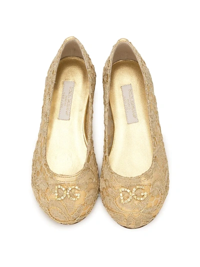 Shop Dolce & Gabbana Laminated Lace Ballerina Shoes In Gold
