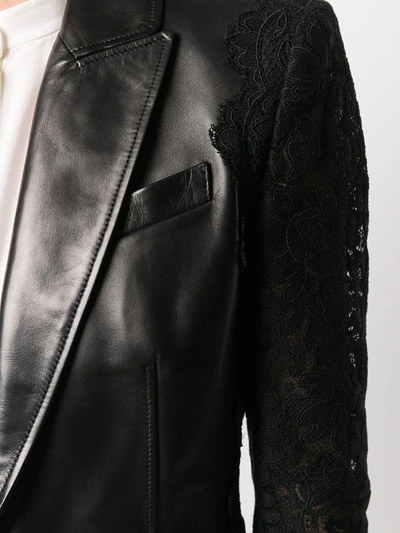 Shop Alexander Mcqueen Lace Sleeve Leather Jacket In Black