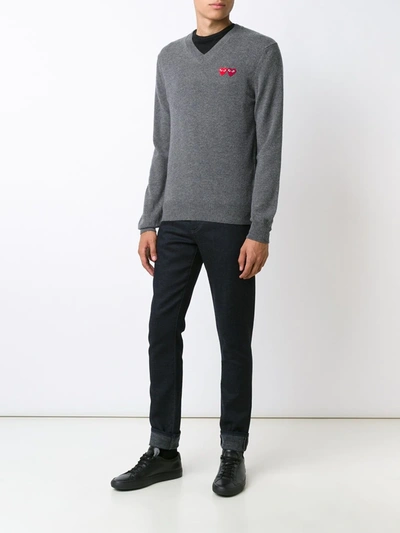 Comme Des Garçons Play Double Heart Wool Jumper In Grey