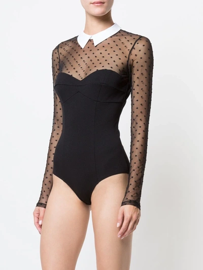 Fleur Du Mal Dotted Tulle Collared Bodysuit In Black