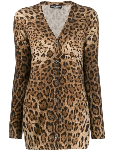 Shop Dolce & Gabbana Leopard-print Cashmere Cardigan In Brown