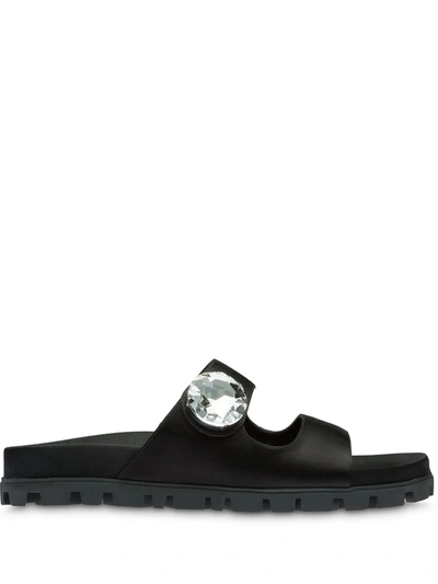 Miu Miu Crystal-embellished Leather Slides In Black