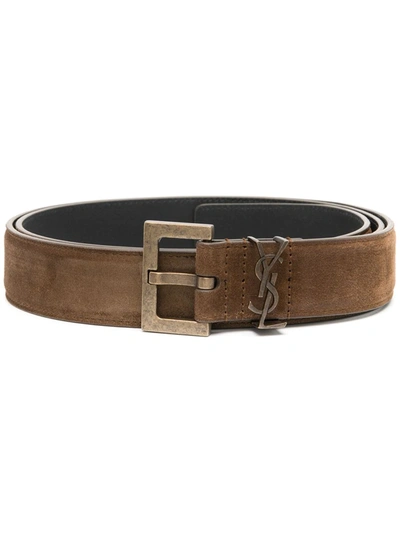 Shop Saint Laurent Square-buckle Leather Belt In Brown