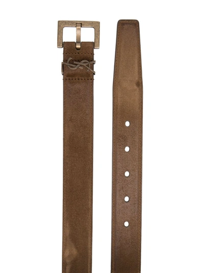 Shop Saint Laurent Square-buckle Leather Belt In Brown