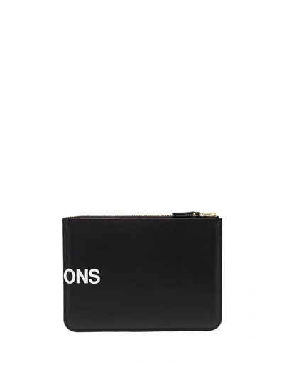 Comme Des Garçons Wallet Logo Printed Zipped Clutch Bag In Black