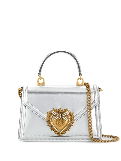 Shop Dolce & Gabbana Small Devotion Leather Top-handle Bag In Silver