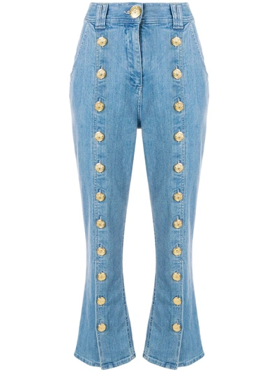Shop Balmain Button Seam Cropped Jeans In Blue