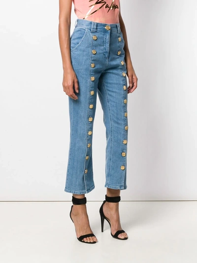 Shop Balmain Button Seam Cropped Jeans In Blue