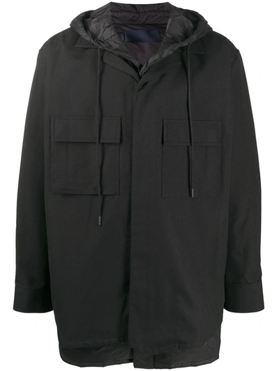 Shop Juunj Flap Pocket Drawstring Hood Coat In Black