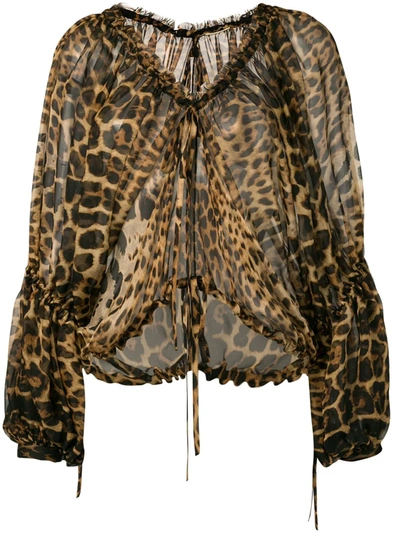 Shop Saint Laurent Leopard-print Chiffon Blouse In Brown