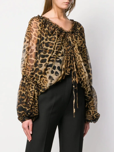 Shop Saint Laurent Leopard-print Chiffon Blouse In Brown