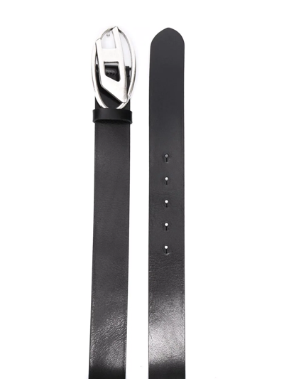 Diesel Leather Belt With Adjustable Length And Silver Buckle In Schwarz
